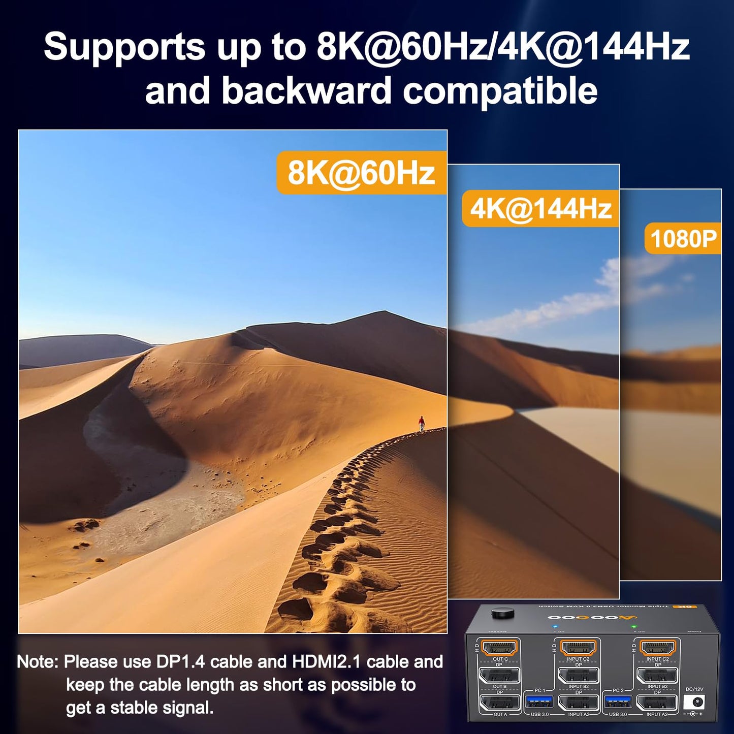 8K@60Hz HDMI Displayport KVM Switch 3 Monitors 2 Computers 4K@144Hz Triple Monitor KVM Switches with USB 3.0 Port,Wired Remote,Power Adapter and USB3.0 Cables Included(2 PC 3 Monitor 8K DP HDMI KVM)
