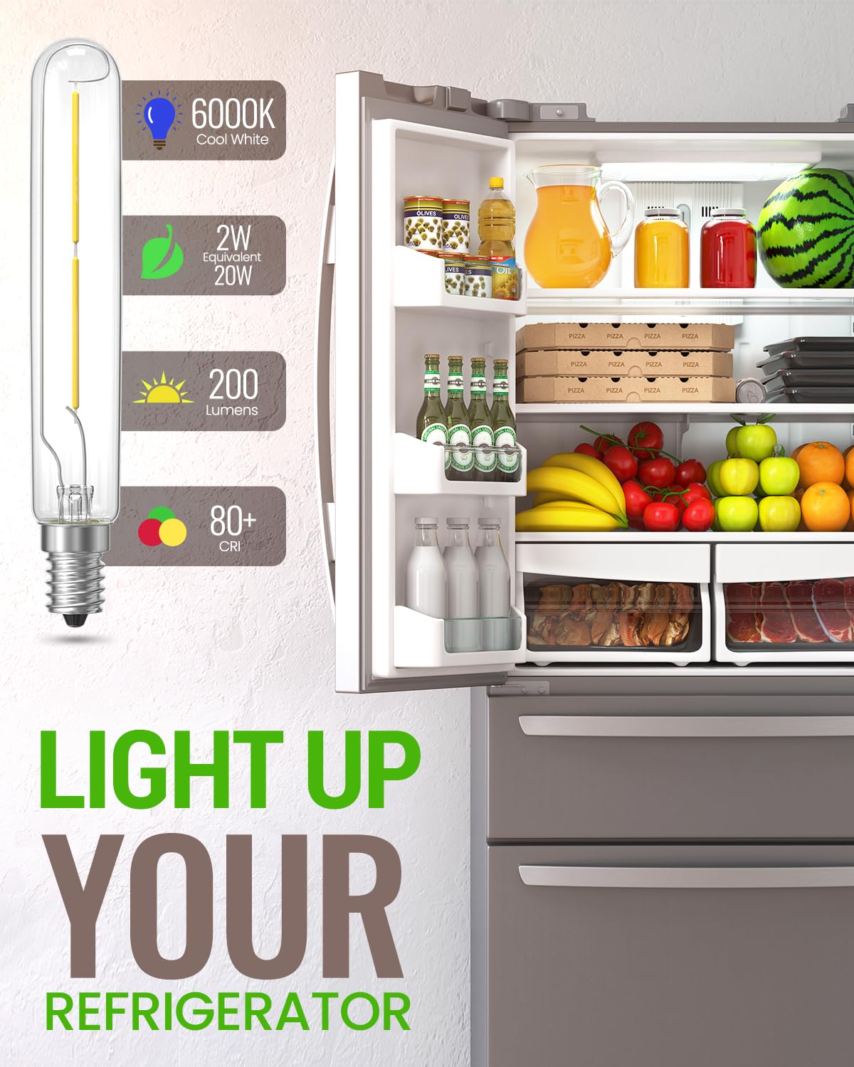 Tobebright T6.5 Led Exit Sign Light Bulbs 2W Refrigerator Light Bulb 20W T6.5 120V Intermediate Base E17 Clear Appliance Bulb Equivalent For Refrigerator Freezer Daylight 6000K(2-Pack)