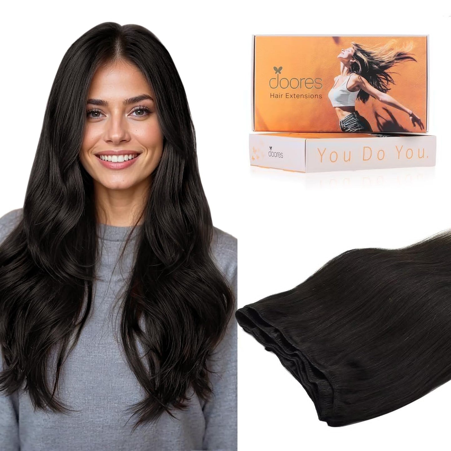 DOORES Weft Hair Extensions, Natural Black 20 Inch 100g Sew in Real Human Hair Straight Weave Full Head