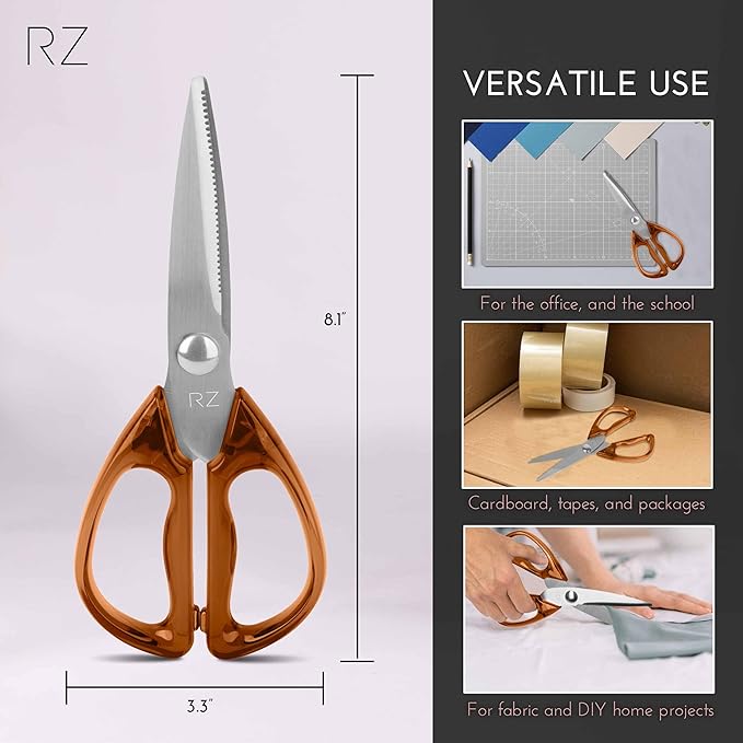 Rachel Zoe All Purpose Scissors, Scissors for Office, School or Art, Stainless Steel Sharp Shears with Large Handles, Dishwasher Safe (Brown/Silver)