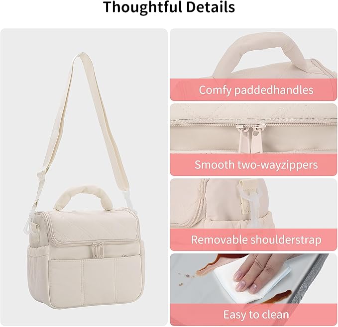 Insulated Lunch Bags, Cute Quilted Lunch Box for Women, Lightweight Puffy Padded Waterproof Lunch Tote, Reusable Lunch Cooler for Work Picnic Travel