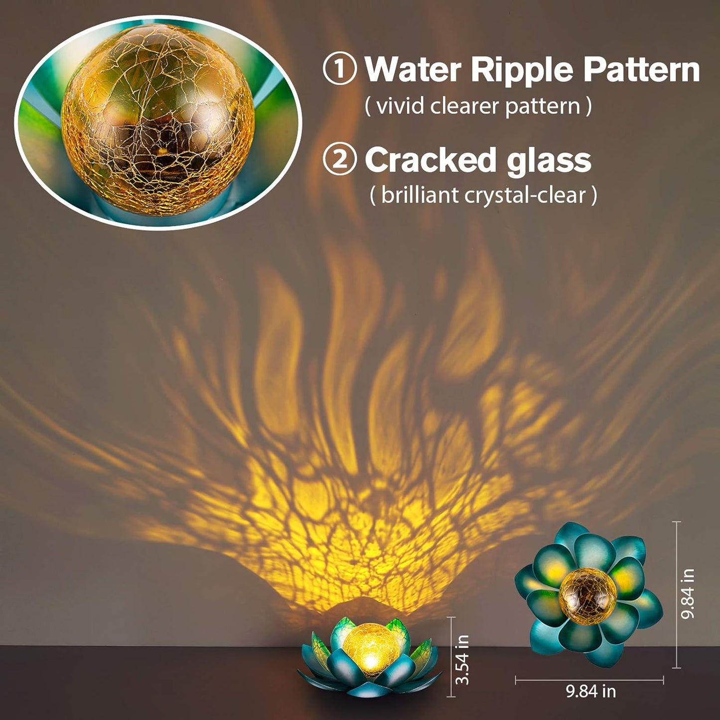 Huaxu Solar Light Outdoor Garden Decor Blue Metal Crackle Globe Glass Waterproof LED Lotus Flower Table Lamp Decorations for Patio Yard Porch Pathway Ground