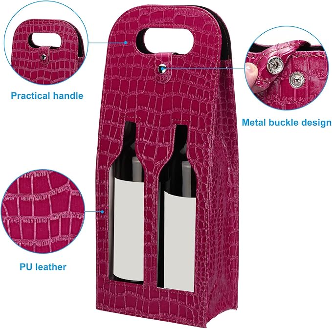 PATIKIL 2 Bottle Wine Gift Bag, Wine Bag Reusable Leather Wine Tote Carrier for Wine Bottles Portable Champagne Gift Bags for Picnic Party Wedding, Red-2