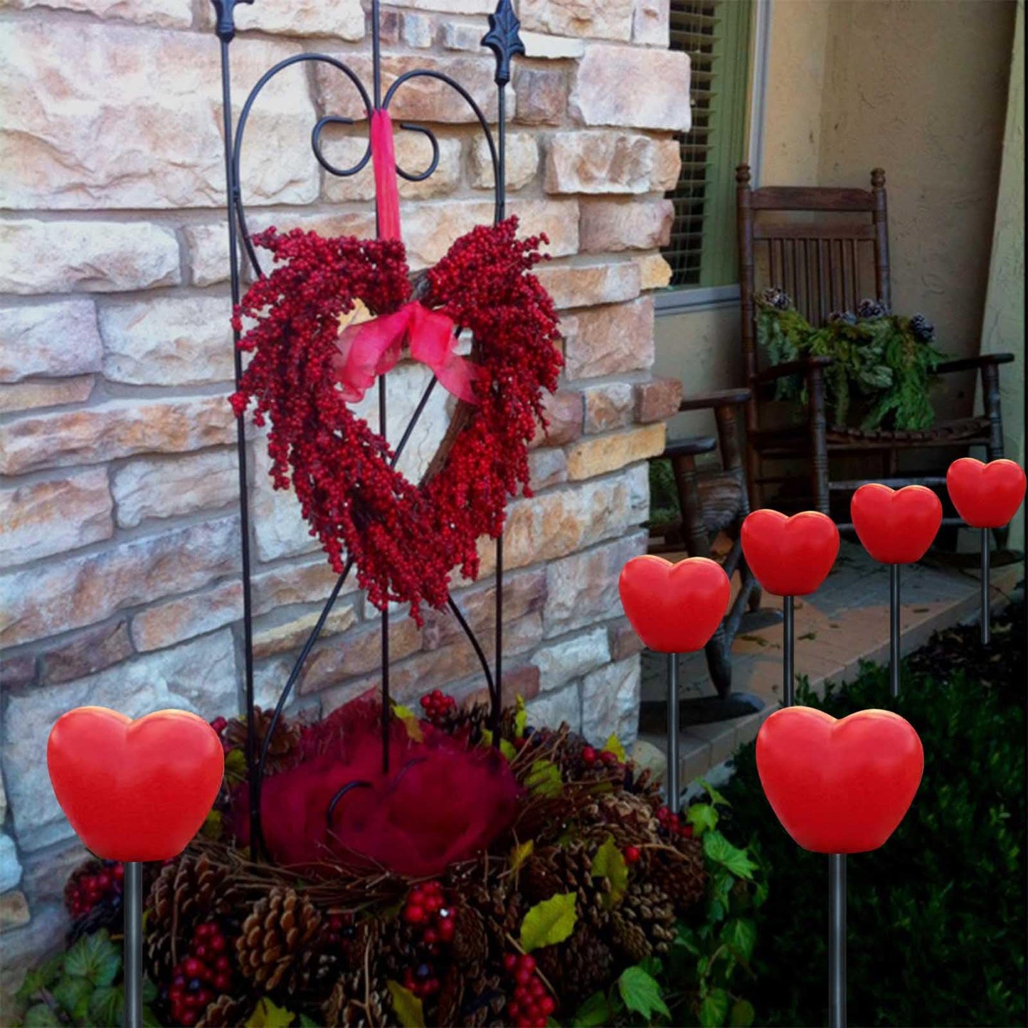 Abkshine Set of 6 Solar Red Heart Stake Lights for Valentines Day Decor, Outdoor Waterproof Heart Shaped Light for Garden Pathway Flowerbed Cemetery Grave Porch Walkway Valentine's Theme Decorations