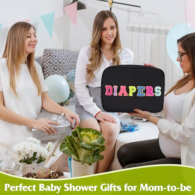 Portable Small Diaper Bag, Chenille Letter Diaper Caddy Organizer Pouch Newborn Baby Essentials Must Haves for Nursery Changing Table, Black Waterproof Diaper Pail Baby Shower Gifts for Mom To Be