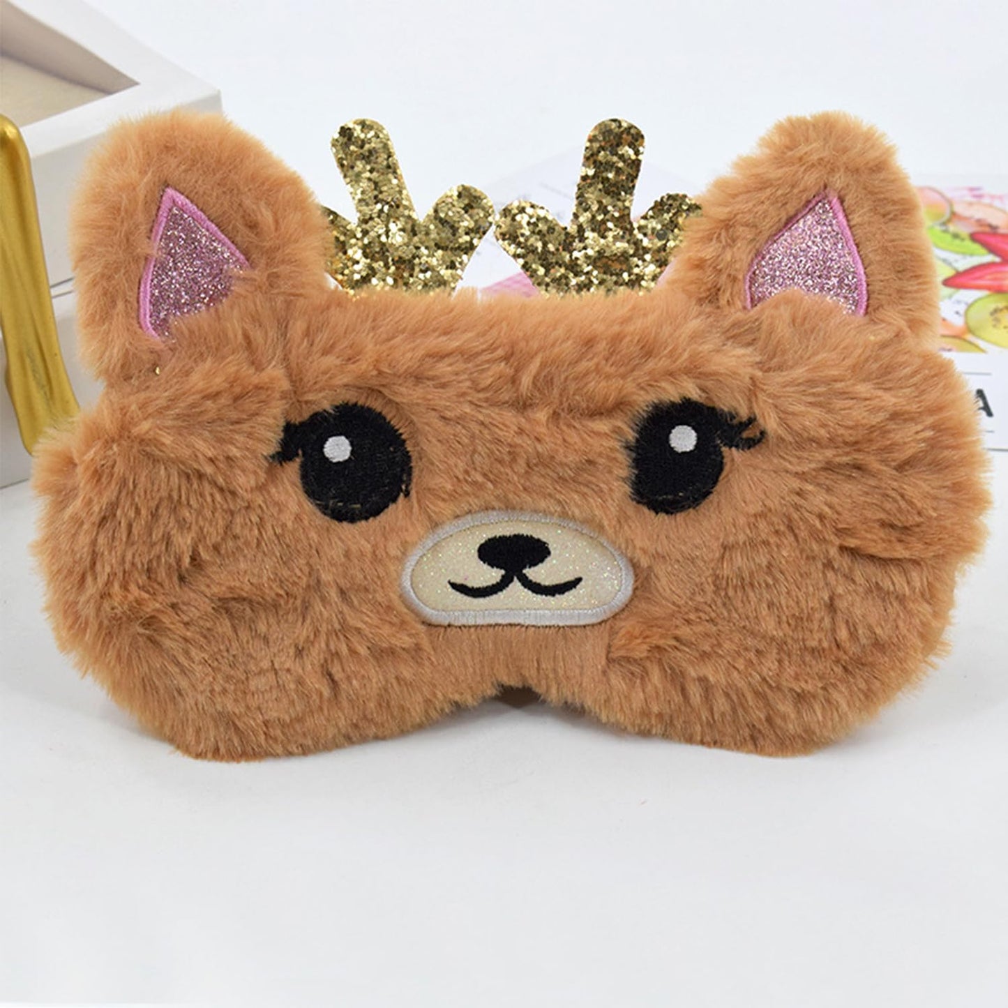 JRINYE Cute Reindeer Plush Sleep Mask - Golden Deer Eye Mask, Fluffy Soft, Blindfold, Travel for Kids, Girls and Adults - Gold