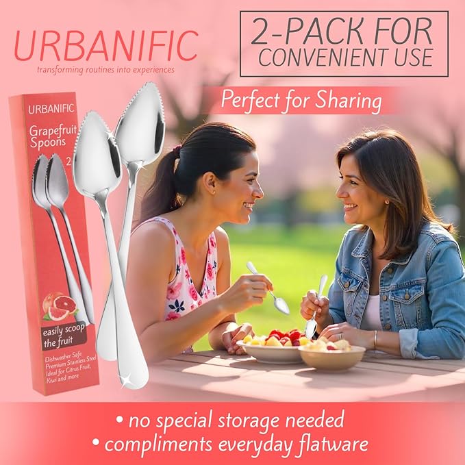 Grapefruit Spoons – Serrated Edge Stainless Steel Spoons to Easily Cut Citrus Fruits like Grapefruit, Oranges & Kiwi – Polished Finish, Dishwasher Safe - 2 Pack