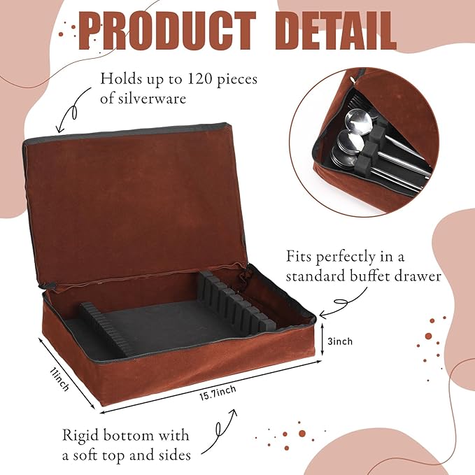 Zippered Flatware Storage Drawer Liner Silverware Storage Bag Tarnish Preventative Silver Organizer Cutlery Case Container Box Large Capacity Silverware Chest 15.75" x 11.02" x 3.94" (Brown)