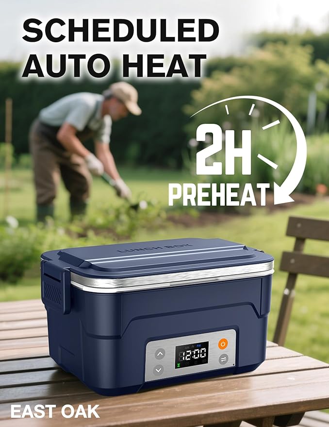 EAST OAK XL 6.3-Cup Cordless Electric Lunch Box for Adults, Heated Lunch Box for Men with Scheduled Heating, Portable Car Food Warmer with Utensils, Two-Tier Bag, Removable Divider