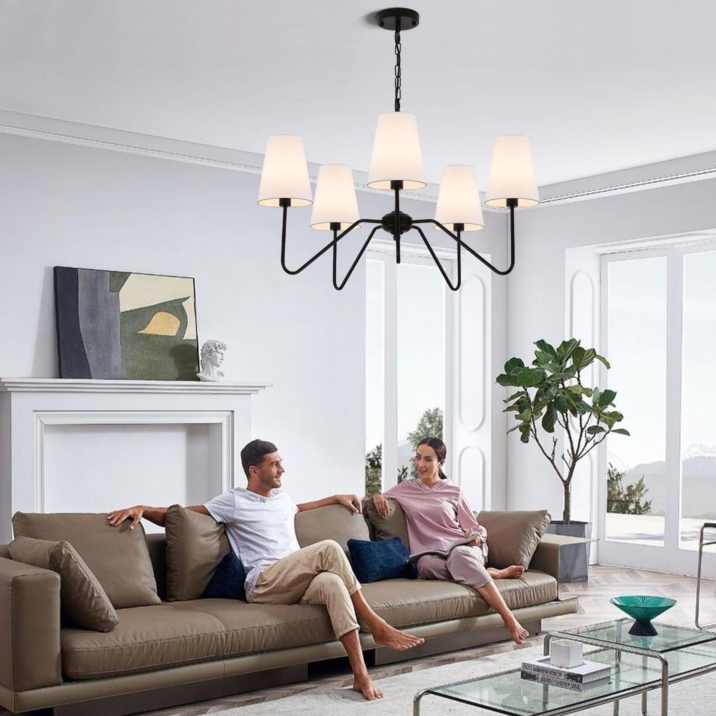 Jsdorsy Chandeliers For Dining Room  Modern Pendant Light Fixture Over Table With White Shade Classic Ceiling Hanging Lighting For Living Room Hallway Bedroom  5-Arm  30 Dia  Height Adjustable