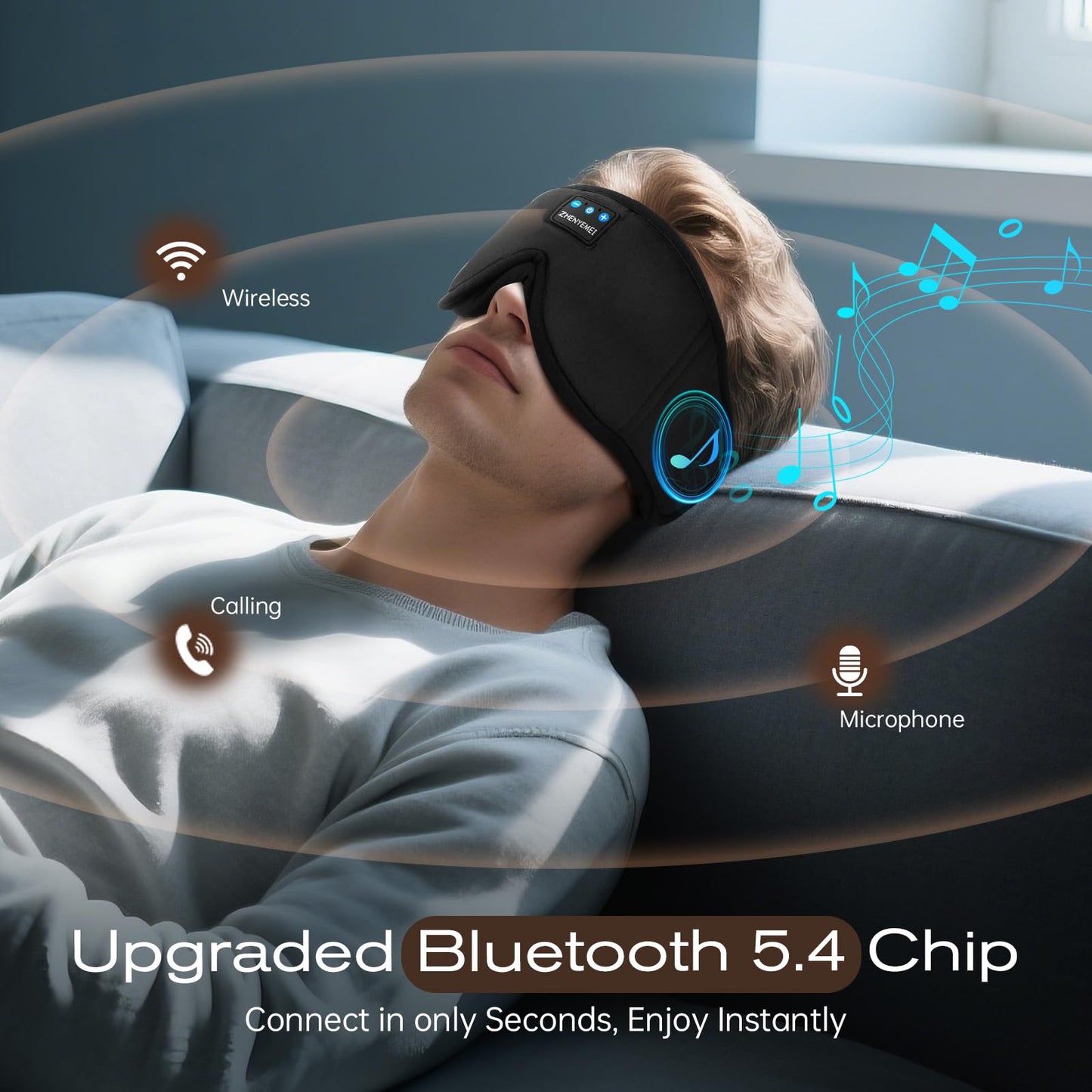 ZHENYEMEI 3D Sleep Mask with Bluetooth Headphones, Sleeping Headphones for Side Sleepers, Wireless Music Eye Mask with Ultra-Thin Stereo Speakers for Men, Women, Tech Gifts, Black