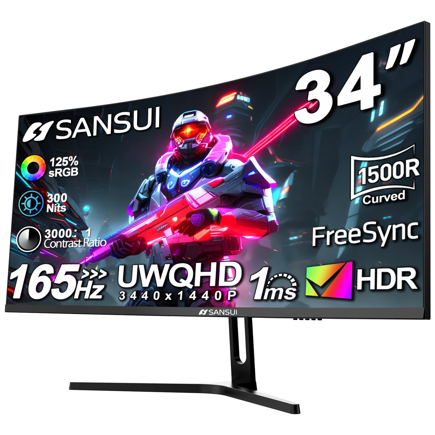 SANSUI 34-Inch Curved Gaming Monitor UWQHD 3440 x 1440 165Hz Curved 1500R - PIP/PBP, 1ms(MPRT), HDR, 300nits, sRGB 125%, DCI-P3 95%,FreeSync,HDMI x2,DP1.4 x2 (ES-G34C5 DP Cable Included)