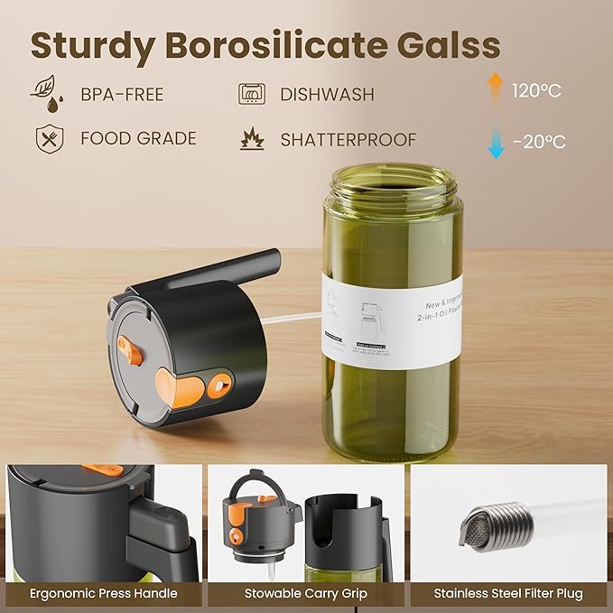 Upgrade 2 in 1 Oil Sprayer for Cooking, Olive Oil Dispenser Bottle for Kitchen Gadgets with Stickers, 17oz/500ml Food Grade Light-Blocking Glass Spray Bottle for Salad, Air Fryer, BBQ