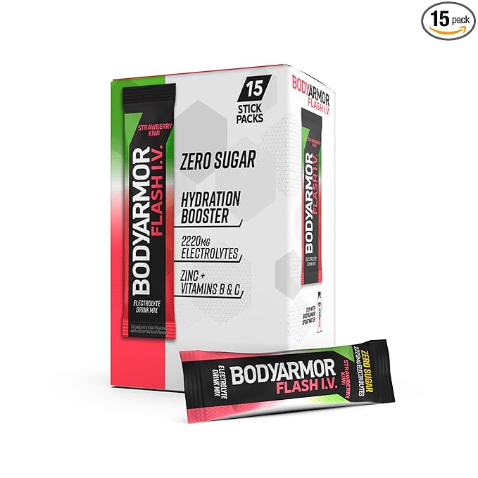 BODYARMOR Flash IV Electrolyte Packets, Strawberry Kiwi - Zero Sugar Drink Mix, Single Serve Packs, Coconut Water Powder (...