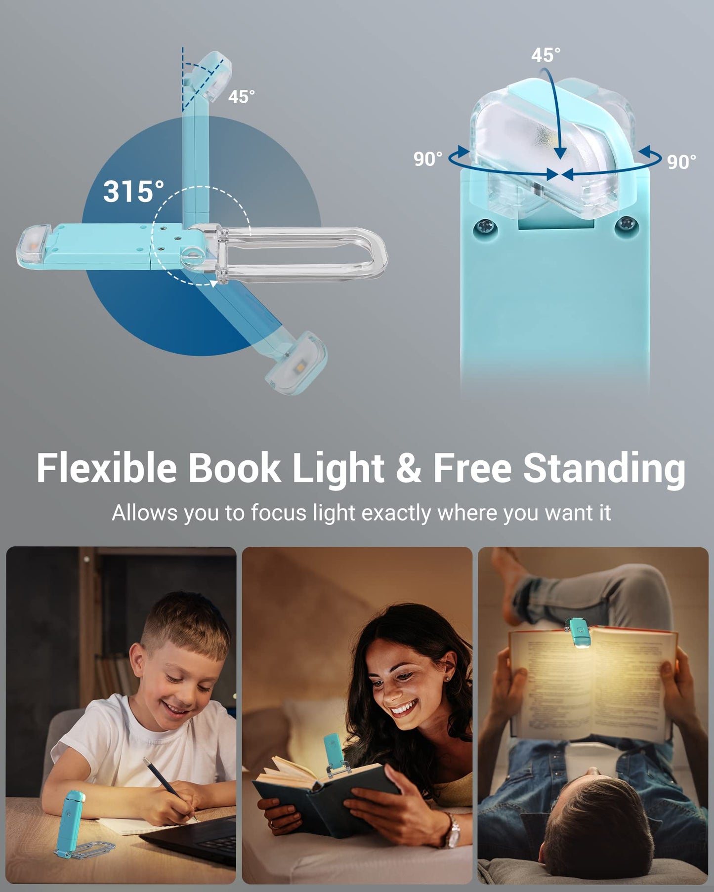 DEWENWILS USB Rechargeable Book Light, LED Clip Light, Brightness Adjustable, Warm White, Blue, Model CHBRL01B