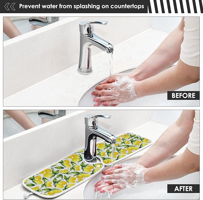 Kitchen Faucet Absorbent Mat,Lemon Water Splash Guard for Sink, Faucet Drip Catcher Thicken Sponge Microfiber Faucet Water Catcher Mat Sink Absorbent Mat for Kitchen 23x5in 2 Pack