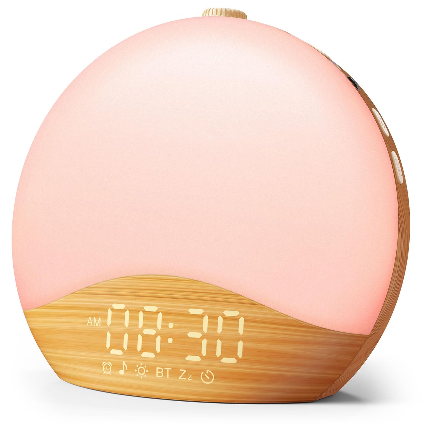 ecozy Wood Grain Sunrise Alarm Clock, White Noise Sound Machine, Music-Sync Lights, Upgraded Backlit Buttons for Bedrooms, 26 Soothing Sounds, 17 Night Lights, Wake Up Light for Heavy Sleepers