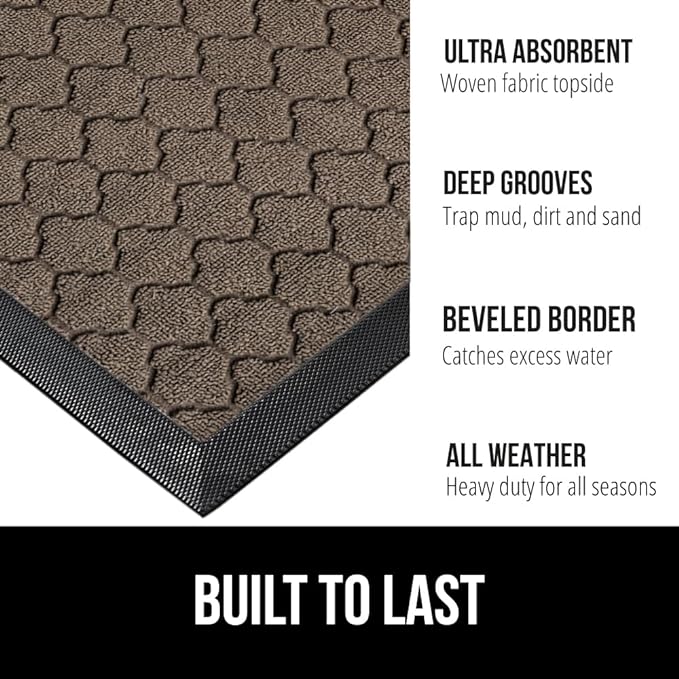 GORILLA GRIP 100% Waterproof All-Season WeatherMax Doormat, 23x35, Durable Natural Rubber, Stain and Fade Resistant, Low Profile, Indoor Outdoor Doormats, Easy Clean Patio Entry Mat, Latte Quatrefoil