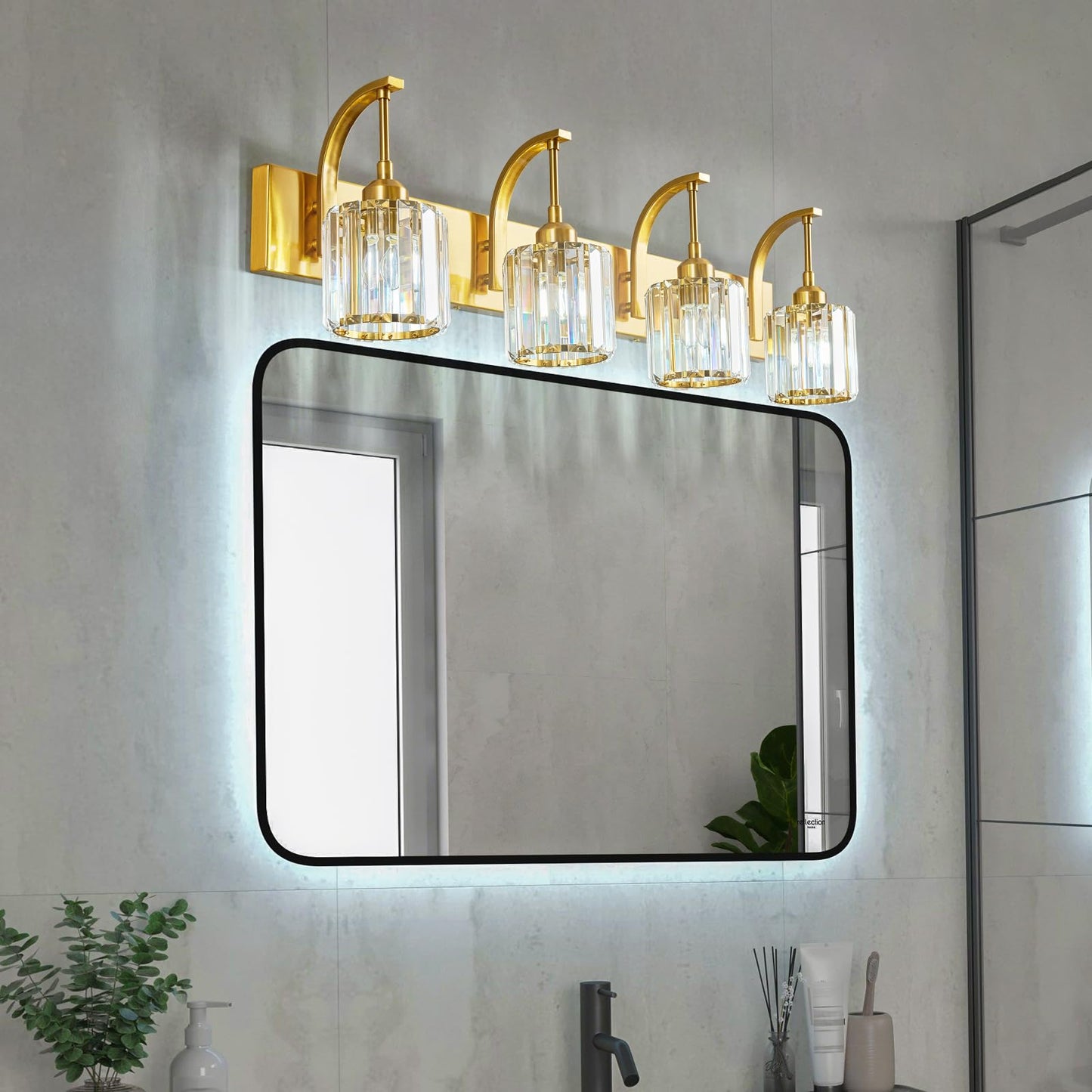 Fdpby 4-Light Crystal Vanity Light  Modern Gold Bathroom Wall Sconce With K9 Crystal Shades  32.67 Long Over Mirror Lighting For Vanity  Makeup  Hallway  Elegant & Easy Install