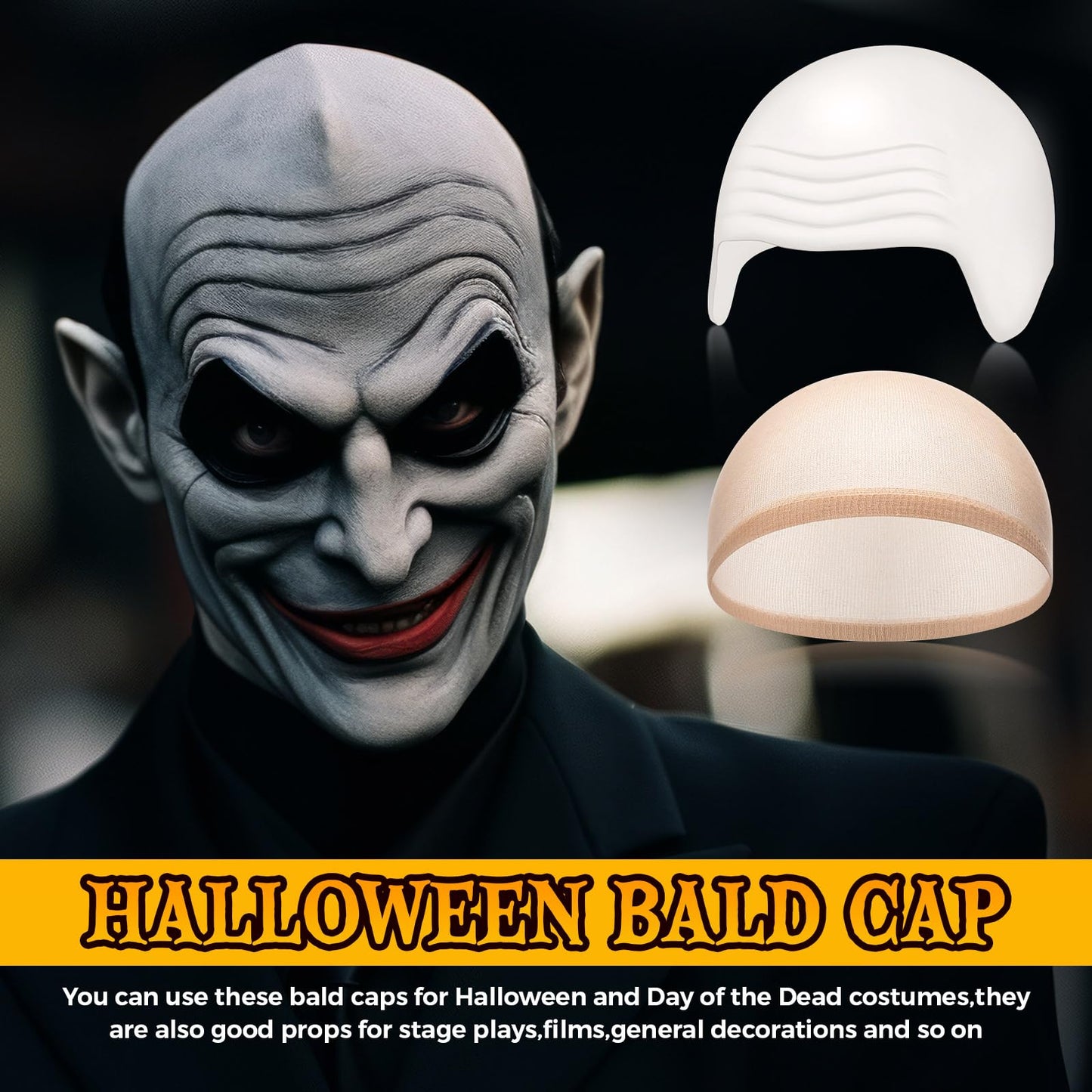 Syhood 2 Pieces Halloween Bald Cap Makeup Latex Bald Head Wig Caps Cosplay Costume for Adults(White,Large)