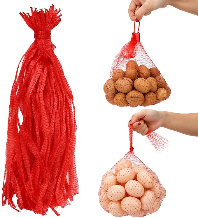 100 Pack Reusable Produce Bags, Watermelon Nets with Loop-Style Closures, Onion Bags Mesh Bags for Vegetables, Melon Cradle for Garden Trellis Fruit Hammock Onion Storage, 23.6 inch Red