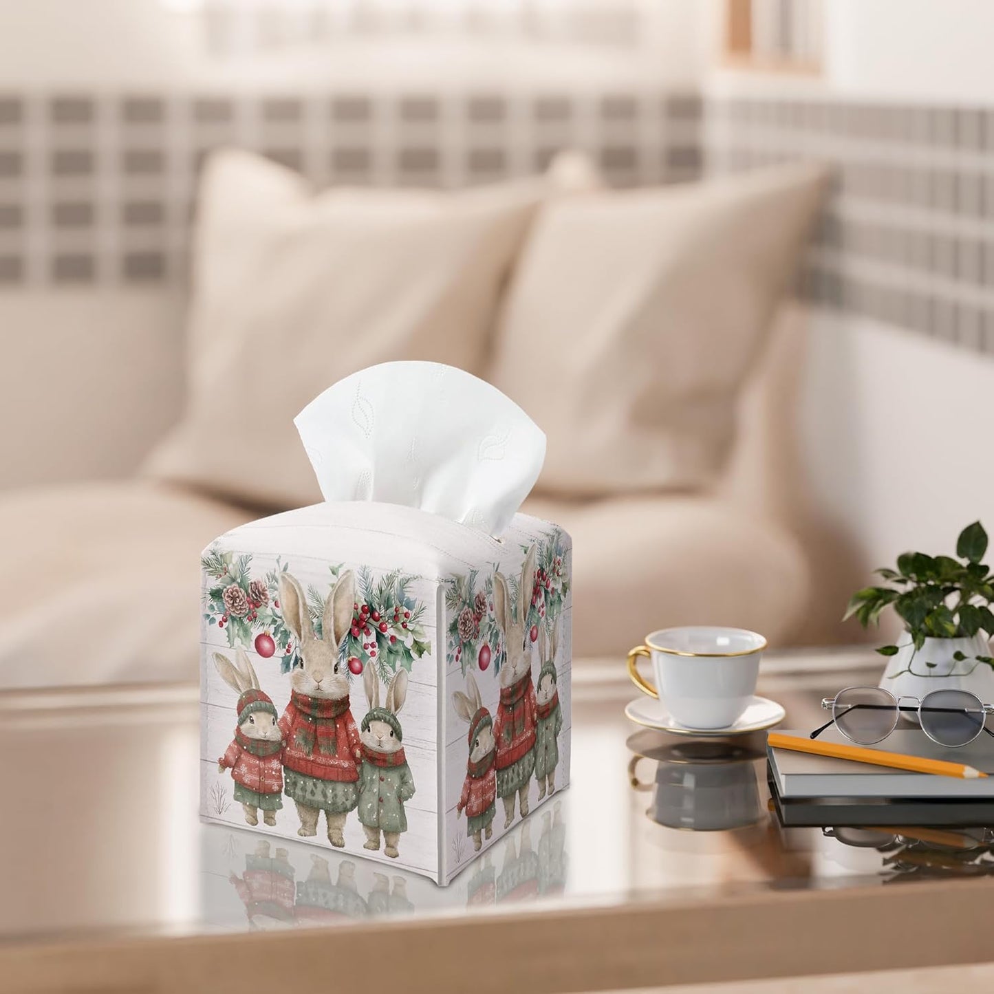Christmas Tissue Box Holder, Christmas Bunny Leather Tissue Box Cover Square with Bottom Belt, Paper Facial Decorative Tissues Cover for Night Stands Bathroom Office Home Decor-B15