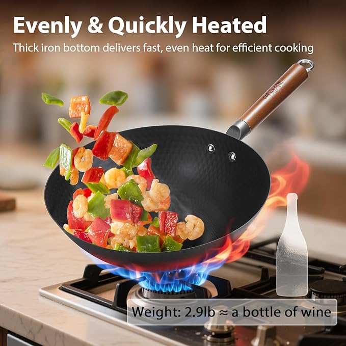 WANGYUANJI 12.6 Inch Carbon Steel Wok with Lid, Flat Bottom Uncoated Lightweight Wok Pan with Wooden Handle for Stir-Fry, Gas, Electric and Induction
