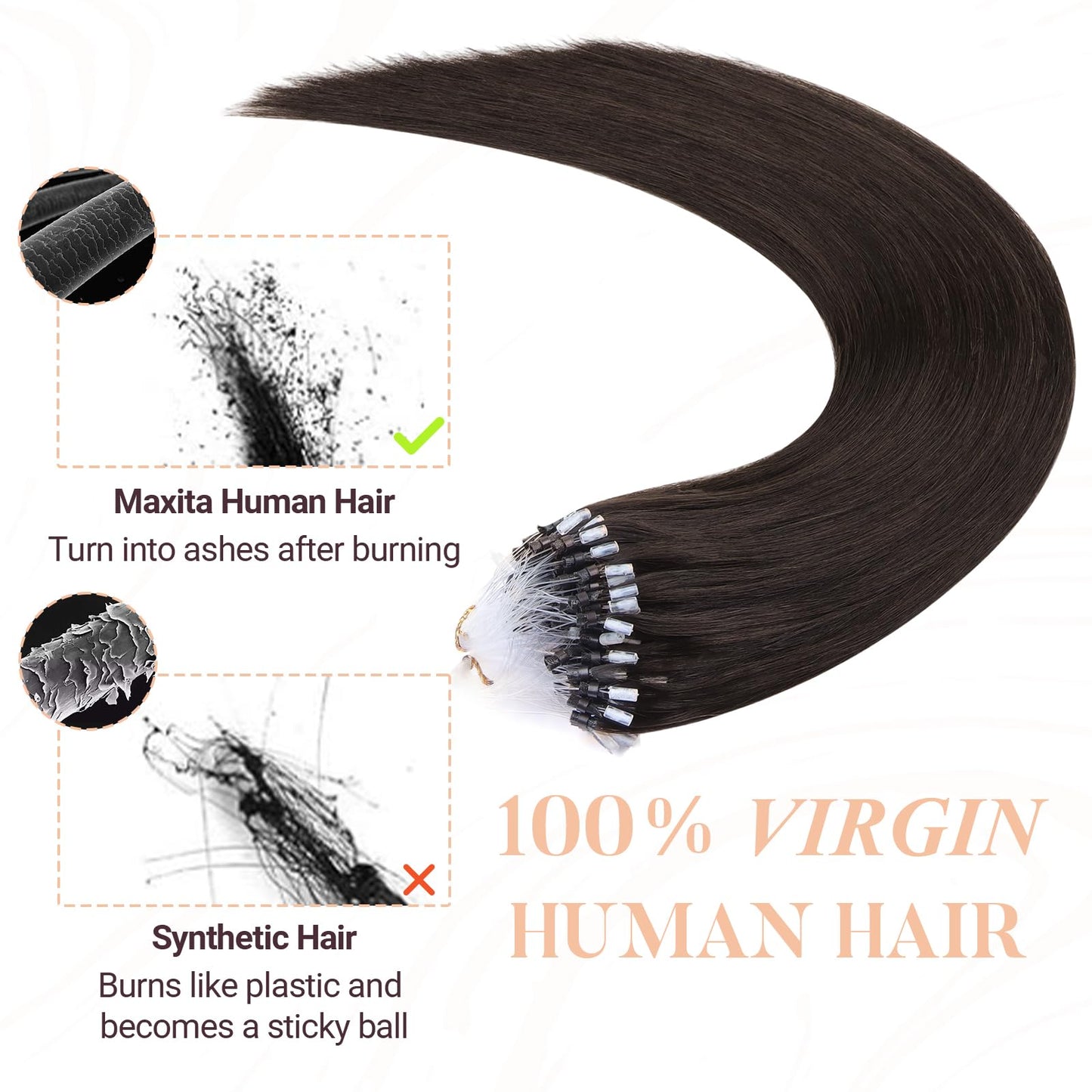 MAXITA Microlink Hair Extensions Human Hair Dark Brown Micro Bead Hair Extensions Virgin Human Hair, 50g/50 Strands/Pack, 18 In