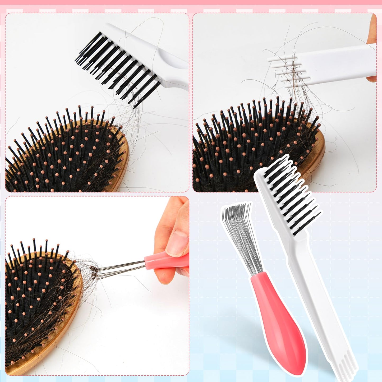 Boao 2 Pieces Hair Brush Cleaning Tool Comb Set 2-in-1 Mini Hair Brush Dirt Remover with Metal Wire Rake for Removing Dust Home