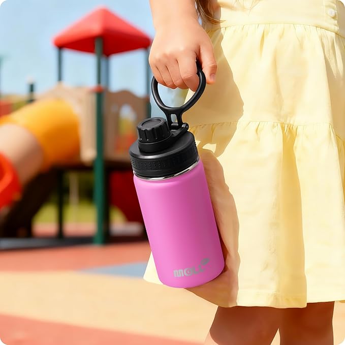 Kids Insulated Water Bottle-12 oz Stainless Steel Vacuum Wide Mouth Sports Water Bottle for School-Small Metal Water Flask for Girls Boys, BPA-Free(Hot Pink)