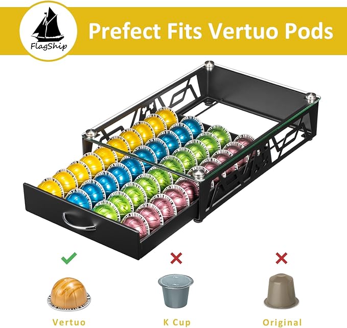 FlagShip Vertuo Pod Holder- Modern Glass Top Coffee Capsule Organizer & Space-Saving Pod Storage for Coffee Machines, Generous 40 Vertuo Pods Capacity