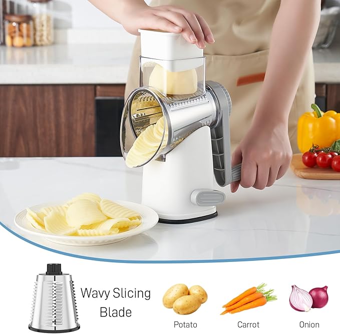 VEKAYA Cheese Grater, Cheese Grater Hand Crank, 4 Interchangeable Blades Cheese Shredder, Vegetable Slicer, Non-slip Suction Base, Easy to Clean Rotary Grater with Handle (White Grey)