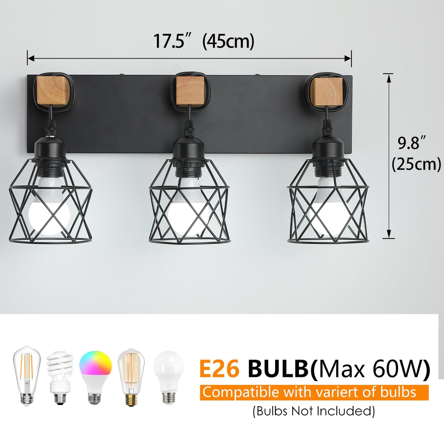Farmhouse Vanity Light Fixture 3-Light Bathroom Lighting Black Industrial Wood Wall Light Over Mirror With Metal Shade Bulbs Not Included