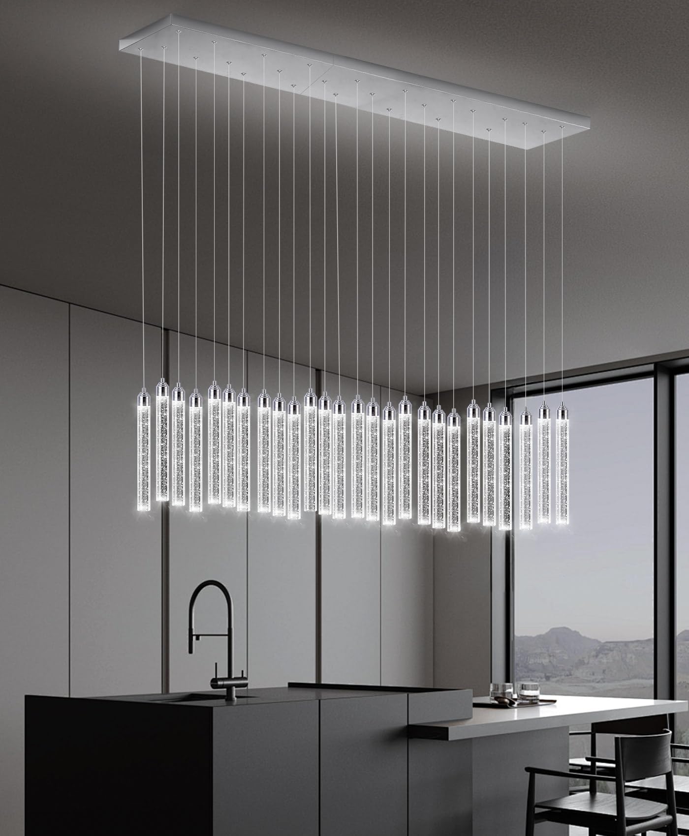 Rectangular Chandeliers 26-Lights Long Light For Entryway Led Dimmable Chandeliers Lighting Fixture Flat Sloped High Ceiling Pendant Lights Crystal For Living Room Foyer Hallway Staircase Silver