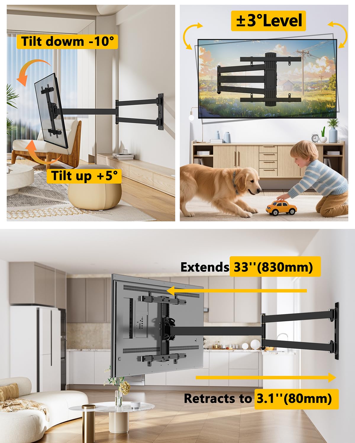 FORGING MOUNT Corner TV Mount Long Arm TV Wall Mount Bracket for 27-70" Screen-Full Motion Wall Mount with 33” Extension Swivel Articulating Arm & Tilt,Single Stud Design VESA 400x400mm, Holds 100 lbs