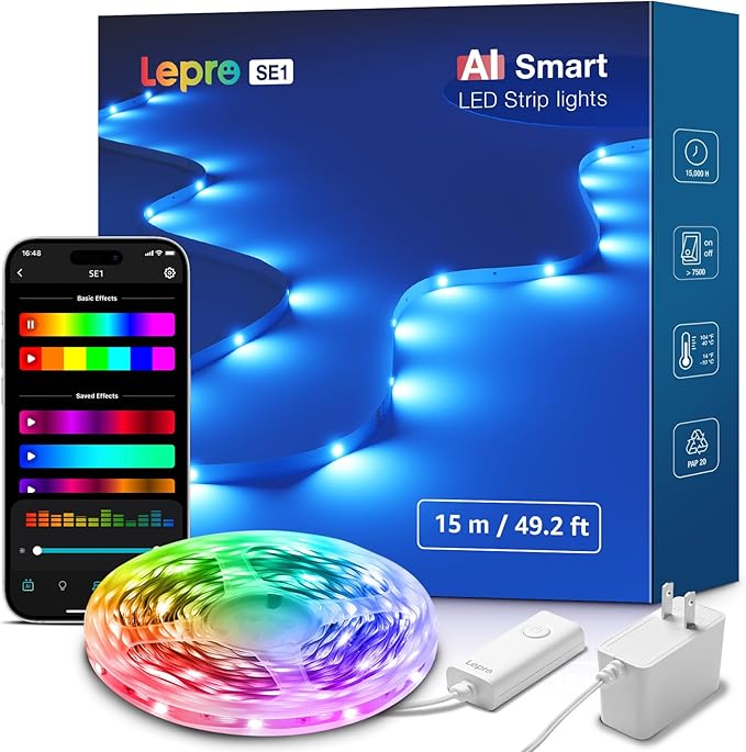 Lepro SE1 AI Smart LED Strip Lights - 49.2ft RGB Color Changing Light Strips with APP Control, AI Generated Lighting, Musi...