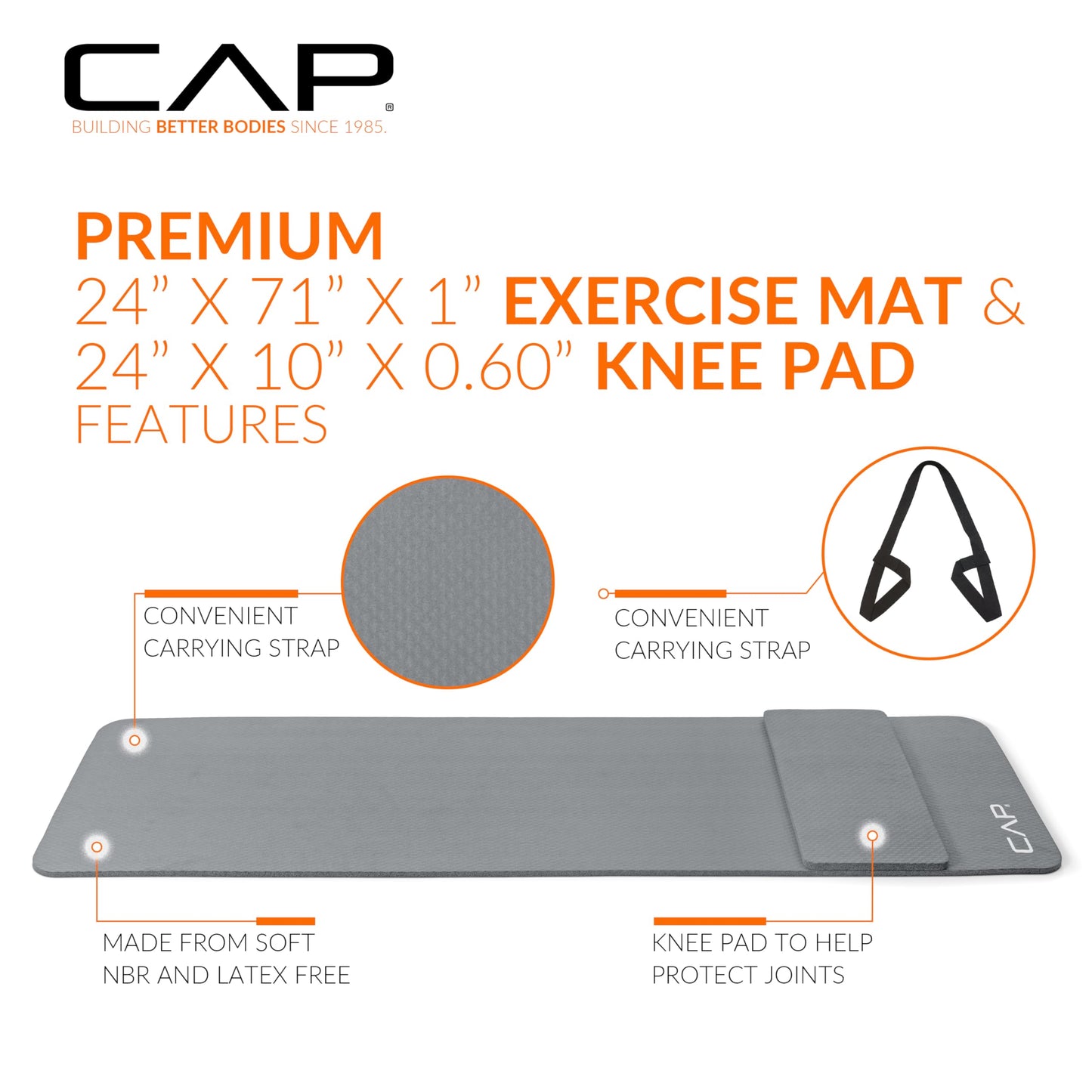 CAP Barbell Yoga Mat 1/2" Thick with Carrying Strap & Knee Pad - High Density Exercise Mat for Yoga, Pilates, Stretching, Floor & Fitness Workouts - 71''x24''x1/2" | Gray