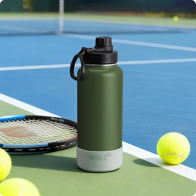 Insulated Water Bottle - 32 oz Stainless Steel Vacuum Wide Mouth Sports Flask With Silicone Boot - Reusable Metal Travel Bottle With Spout Lid (Grass Green)