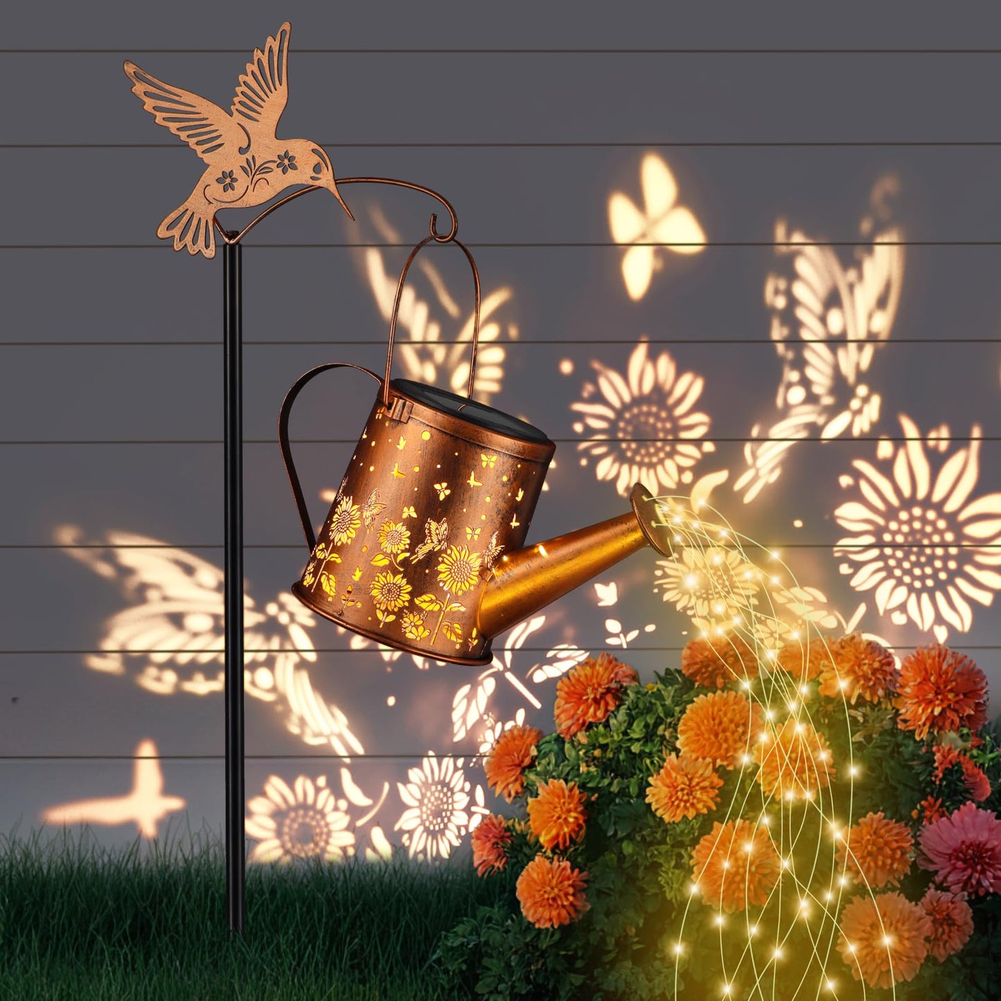 Outdoor Hanging Solar Lantern Waterproof Set Outside Metal Sunflower & Butterfly Watering Can Landscape Lights For Garden Yard Patio Pathway Decor Birthday Gifts For Women Mom Grandma -With Floor Pole