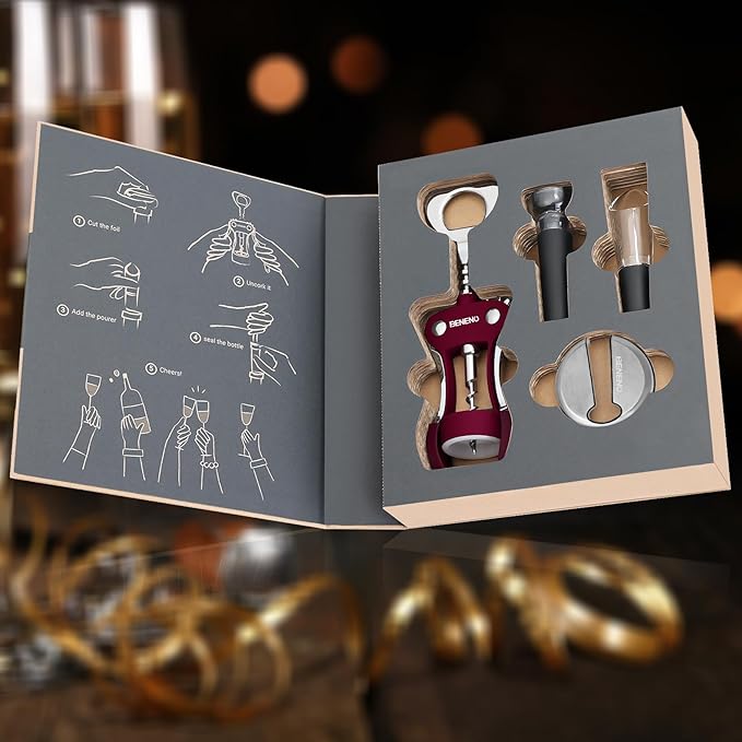 Wine Opener Gift Set Premium Wing Corkscrew Wine Bottle Opener with Multifunctional Bottles Opener, Wine Foil Cutter, Wine Vacuum Stopper, Wine Aerator Pourer Upgrade for Wine Lovers Man Woman