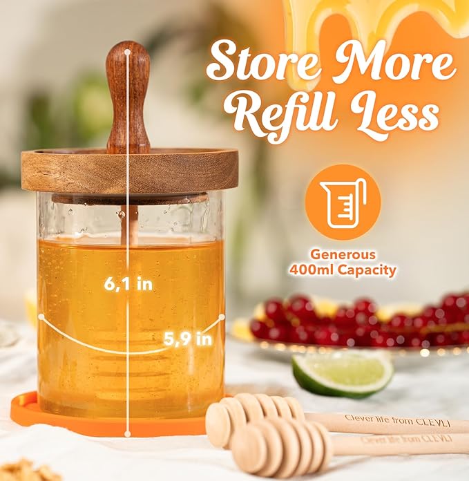 12 oz Honey Pot Set with Silicone Mat, Airtight Wooden Lid, 2 Extra Dippers & Custom Gift Box | Glass Container Honey Jar for Honey & Syrup | Durable & Stylish Kitchenware Food Storage