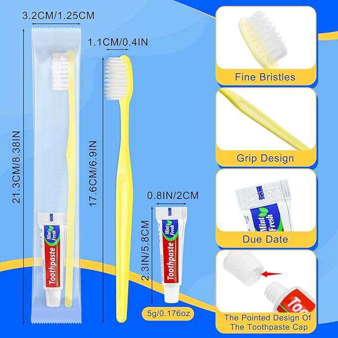 Yellow Disposable Toothbrushes with Toothpaste - Pack of 100,Individually Wrapped Single Use Travel Toothbrushes Kit Bulk for Homeless,Guests,Hotel,Dentist