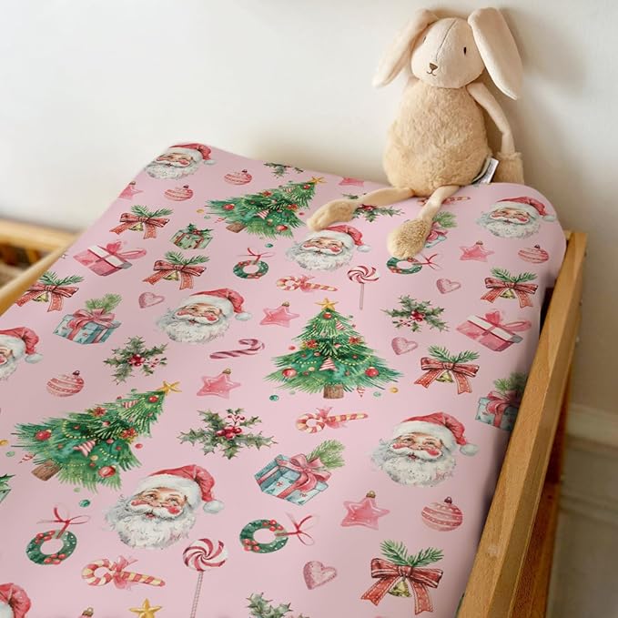Pink Santa Christmas Trees Baby Changing Pad Covers for Boy Girl Santa Gifts Pine Fir Leaves Candy Love Fitted Changing Table Mats Winter Holiday Festive Soft Diaper Change Table Sheets 32''×16''