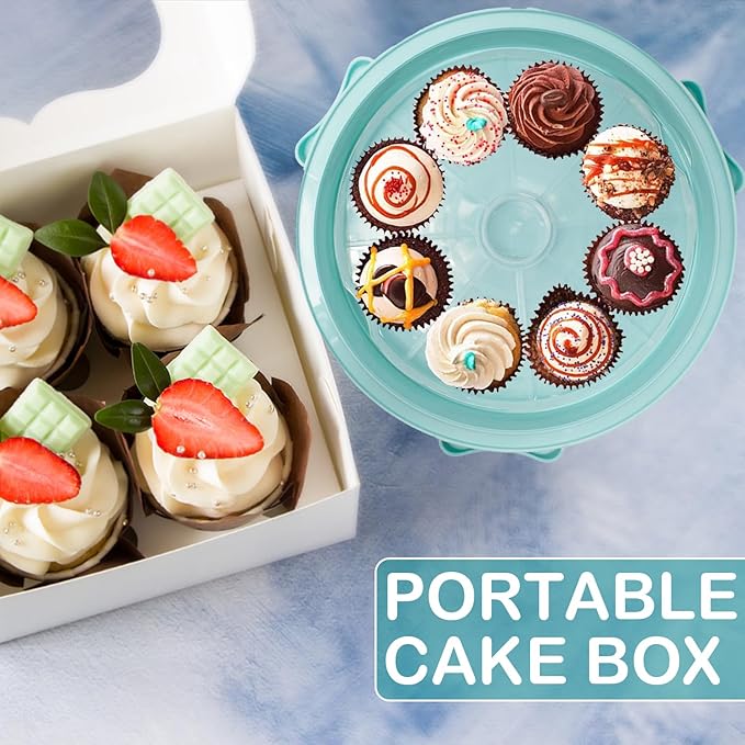 Cake Carrier Round Cake Stand Plus Height Cake Container with Cupcakes Pad, Handle, Lid Reusable Package Box for Transporting Desserts,Pie,Toast,Fruit (10" Blue)