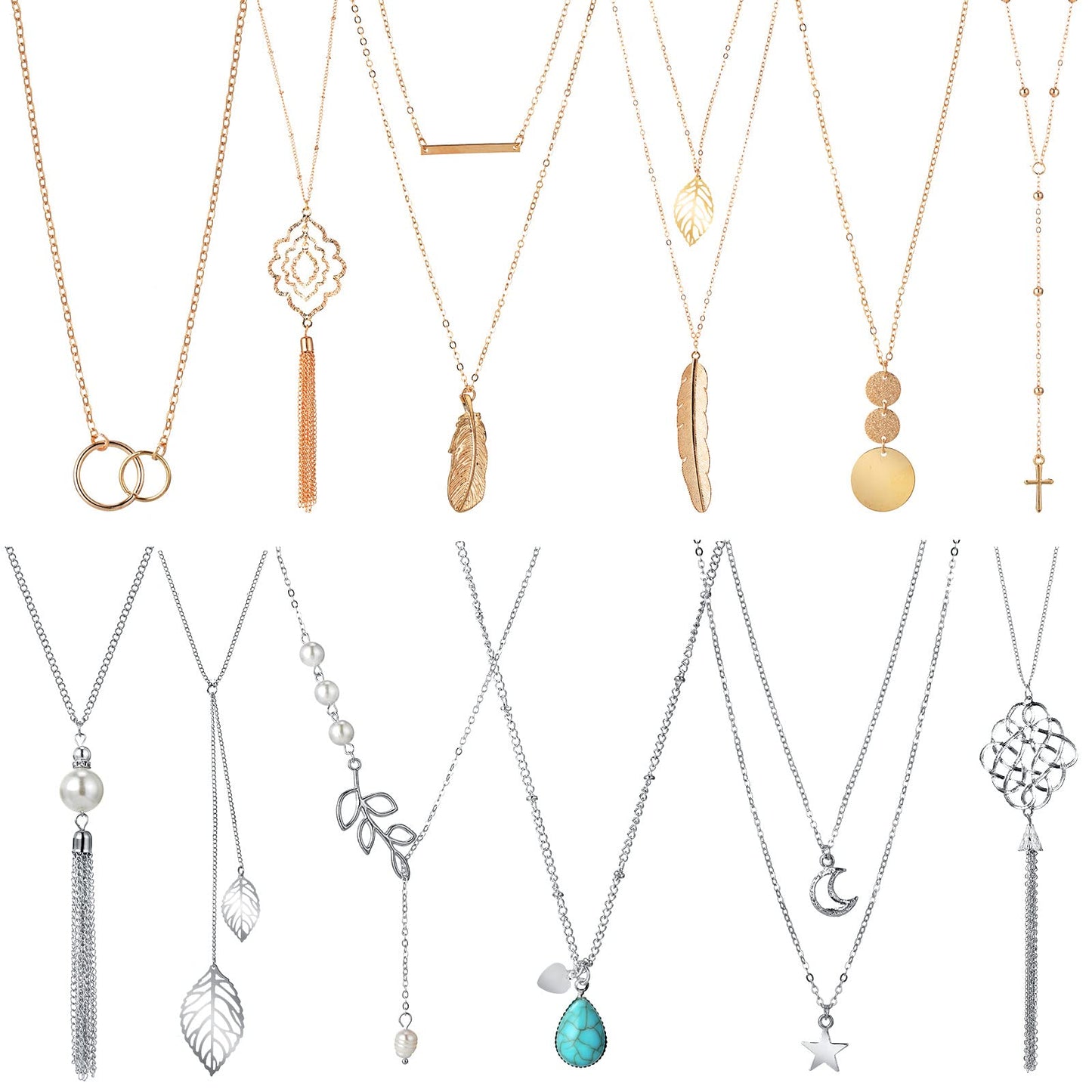 Hicarer 12 Pieces Long Pendant Necklace Set Y Tassel Leaf Circle Bar Necklace for Women (Multiple Shape)
