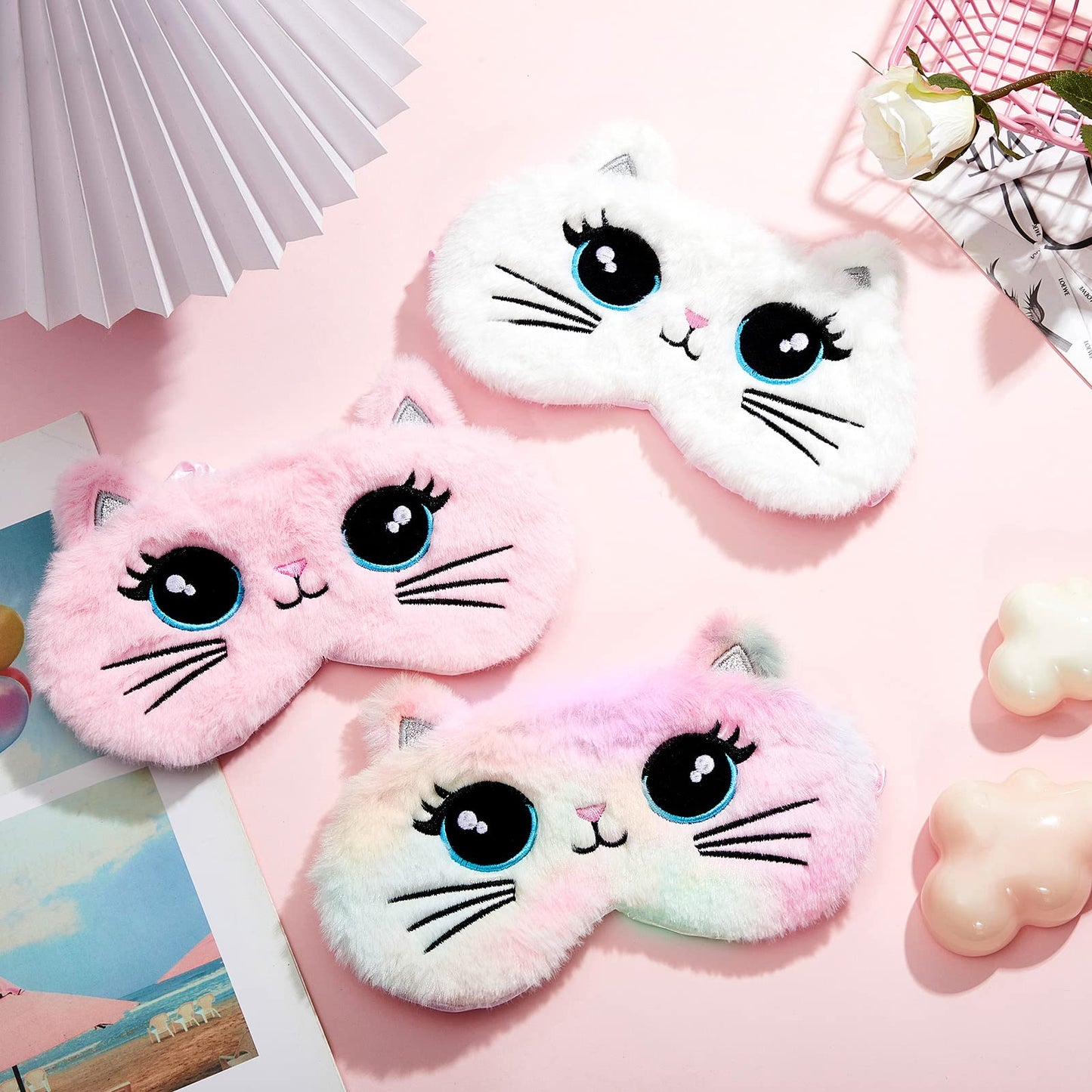 3 Pieces Sleep Mask for Kids, Girls Plush Sleeping Eye Cover Soft Eye Blindfold Cover Animal Shade for Kids(Colorful,Cat Style)