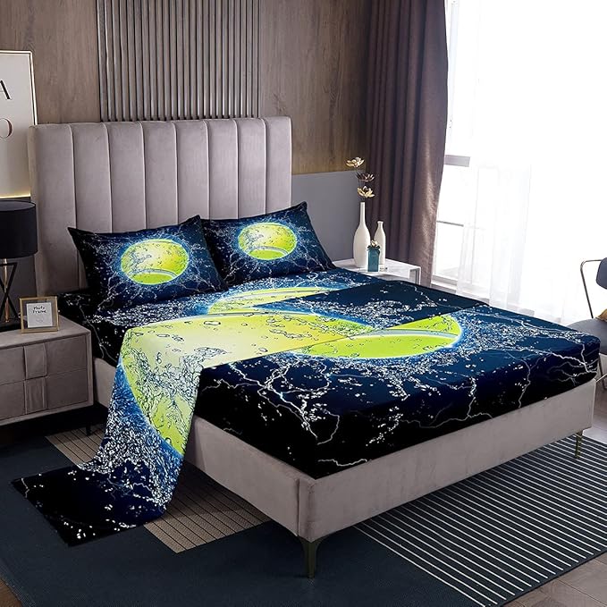 Feelyou Sports Decor Tennis Bed Sheets 3D Water Tennis Ball Sheet Set for Kids Boys Sports Themed Bed Set Blue Fluorescent...