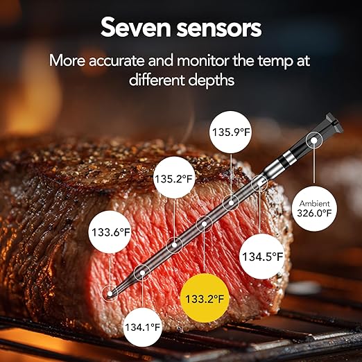 WiFi Sub-1G Wireless Meat Thermometer Unlimited Range with Digital Smart Base 7 NIST Certified Sensors with Ambient Temp Monitor for BBQ, Grill,Oven, Smoker(1, Black, Small)