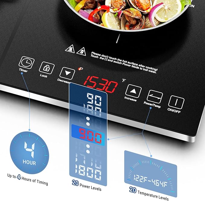 Double Induction Cooktop AMZCHEF Induction Cooker 2 Burners, Low Noise Electric Cooktops With 1800W Sensor Touch, 20 Temperature & Power Levels,Independent Control,3-hour Timer, Safety Lock
