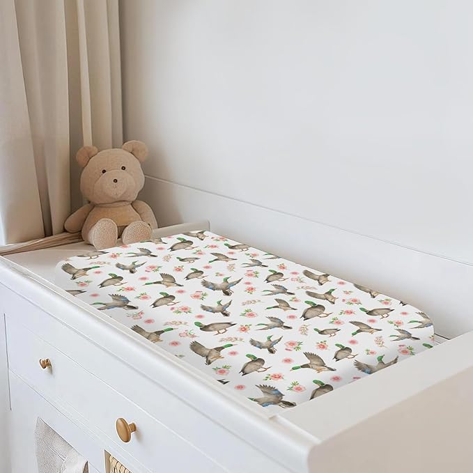 Mallard Ducks Boho Floral Changing Pad Covers for Baby Girl Boy Green Duck Spring Fitted Change Table Cover Mats Wild Duck Hunting Soft Diaper Changing Table Sheets 32''×16''